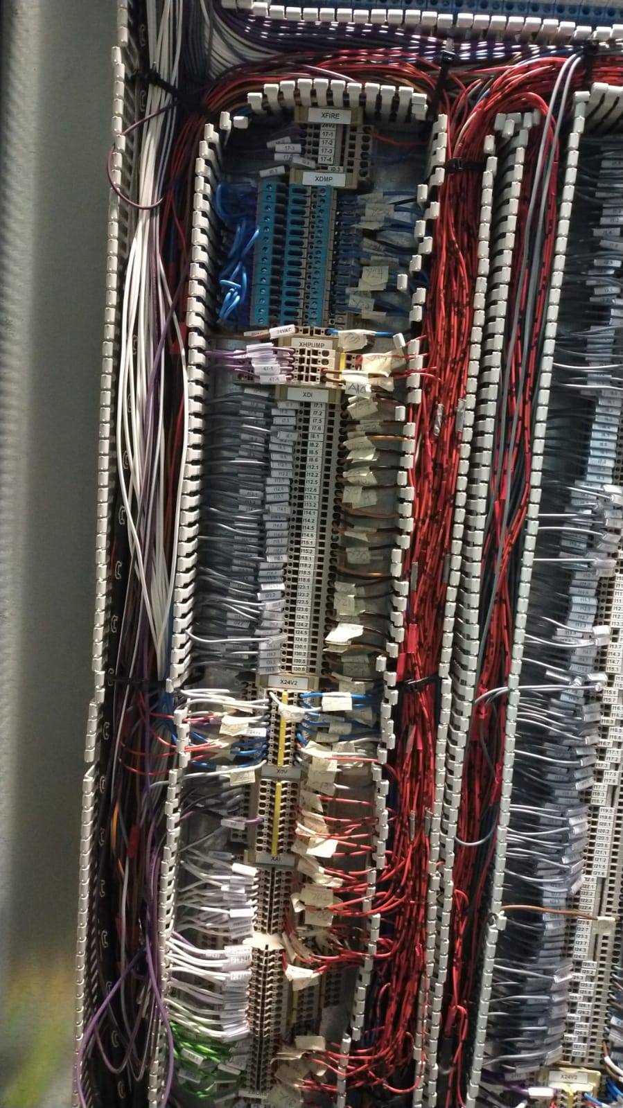 Rows of terminals and labelled wires in a cabinet