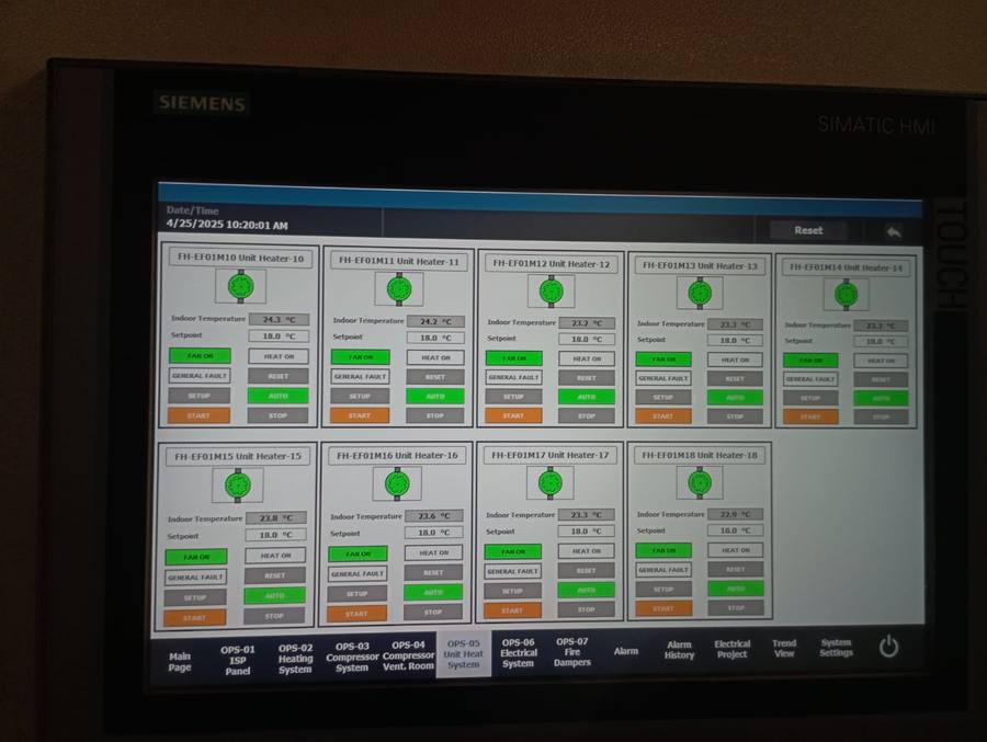 Siemens touch panel showing unit heater controls